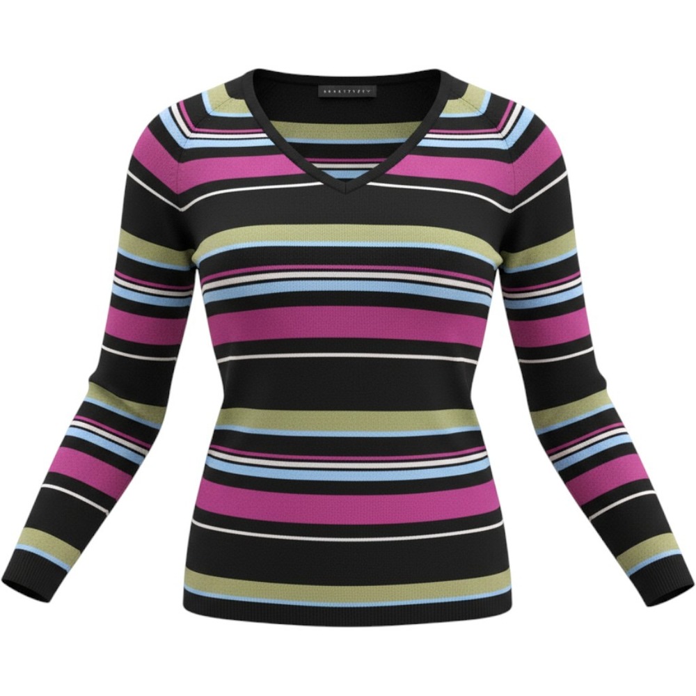 Apostrophe Stripe V-Neck Sweater Womens Large Black Pink Green Excellent Y2K